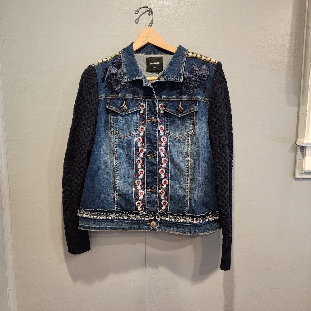 Desigual Denim Jacket with Exotic Embroidery and Ruffle Detail Size 44